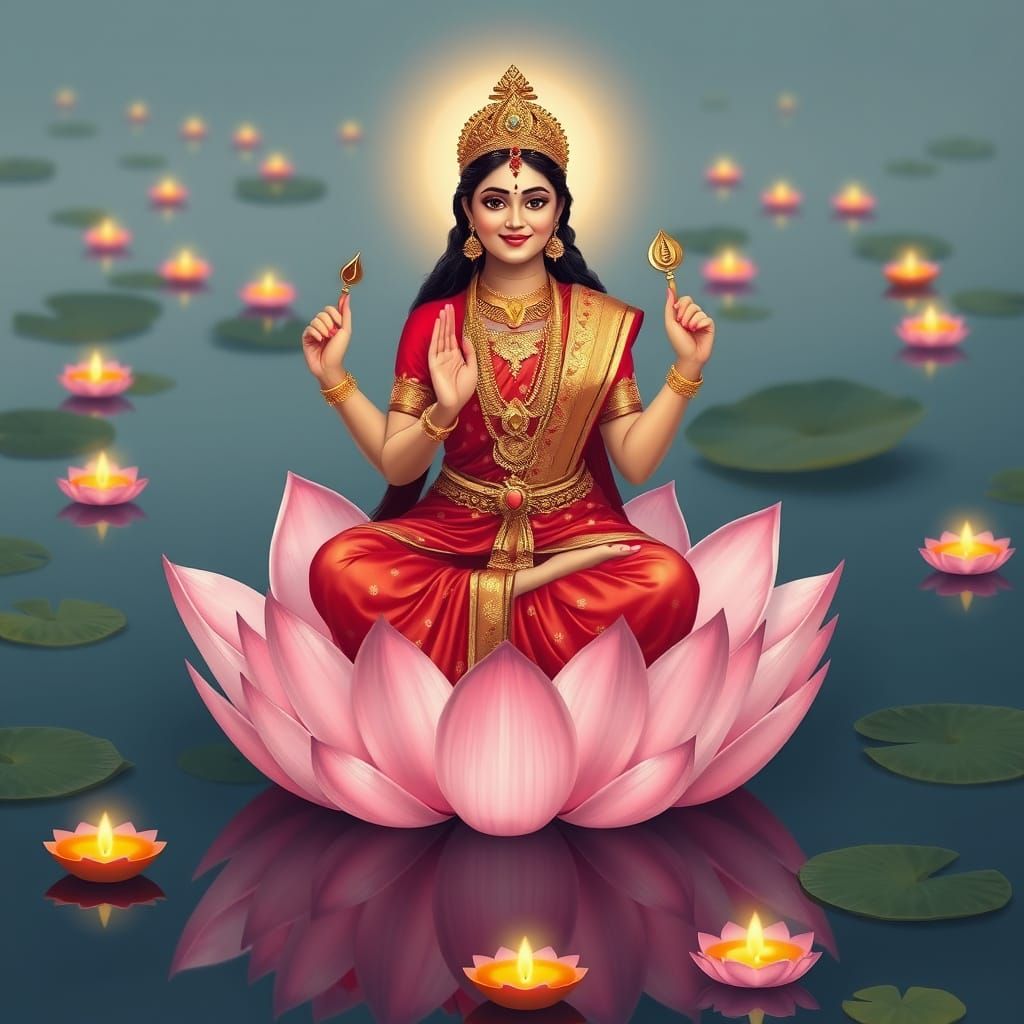 Goddess Lakshmi on Lotus in Serene Lake