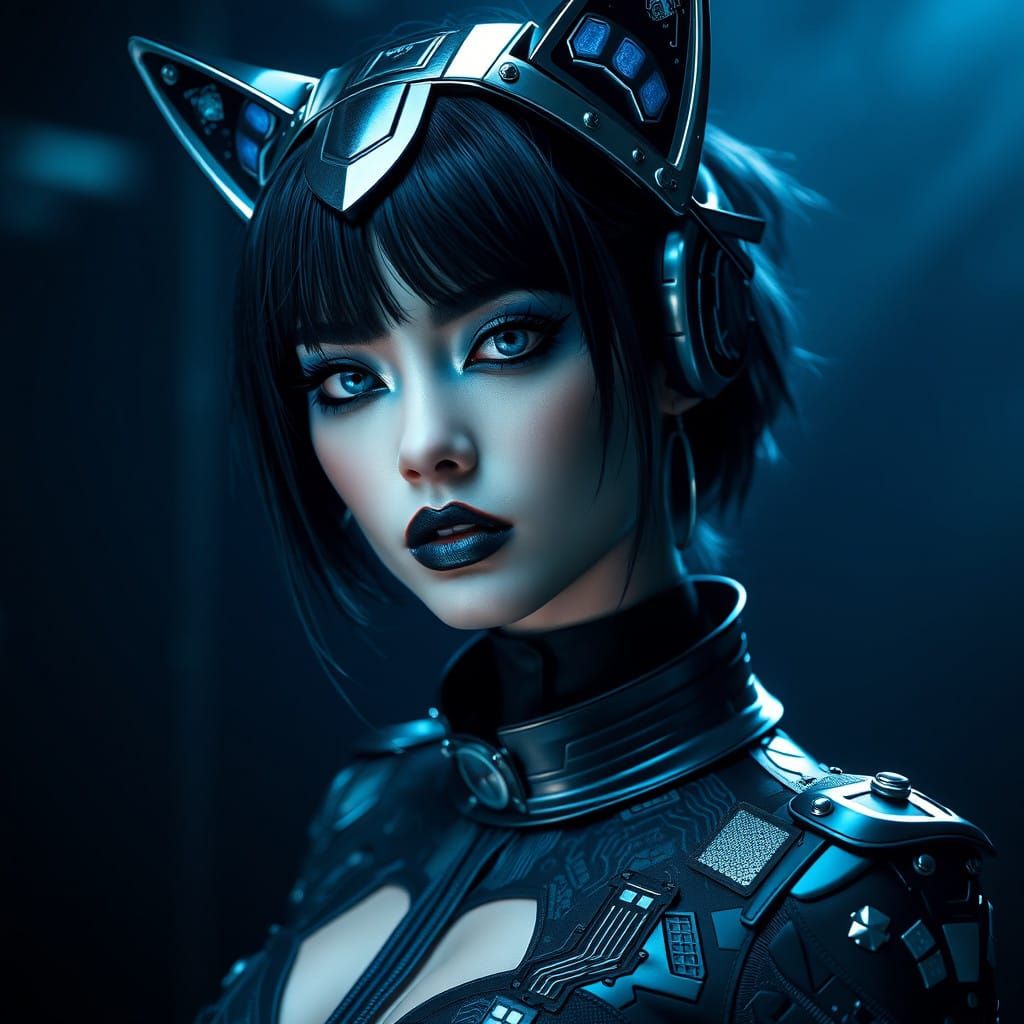 Cyberpunk Goddess in Metallic Jumpsuit with Stylized Cat Ear...