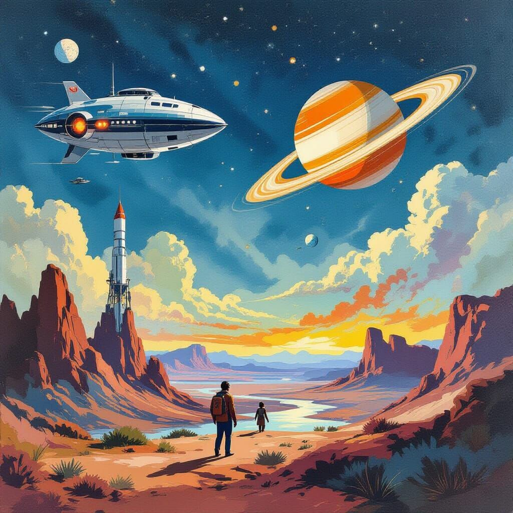 Sci-Fi Worlds: 1950s Meets 2025, in Gouache Style