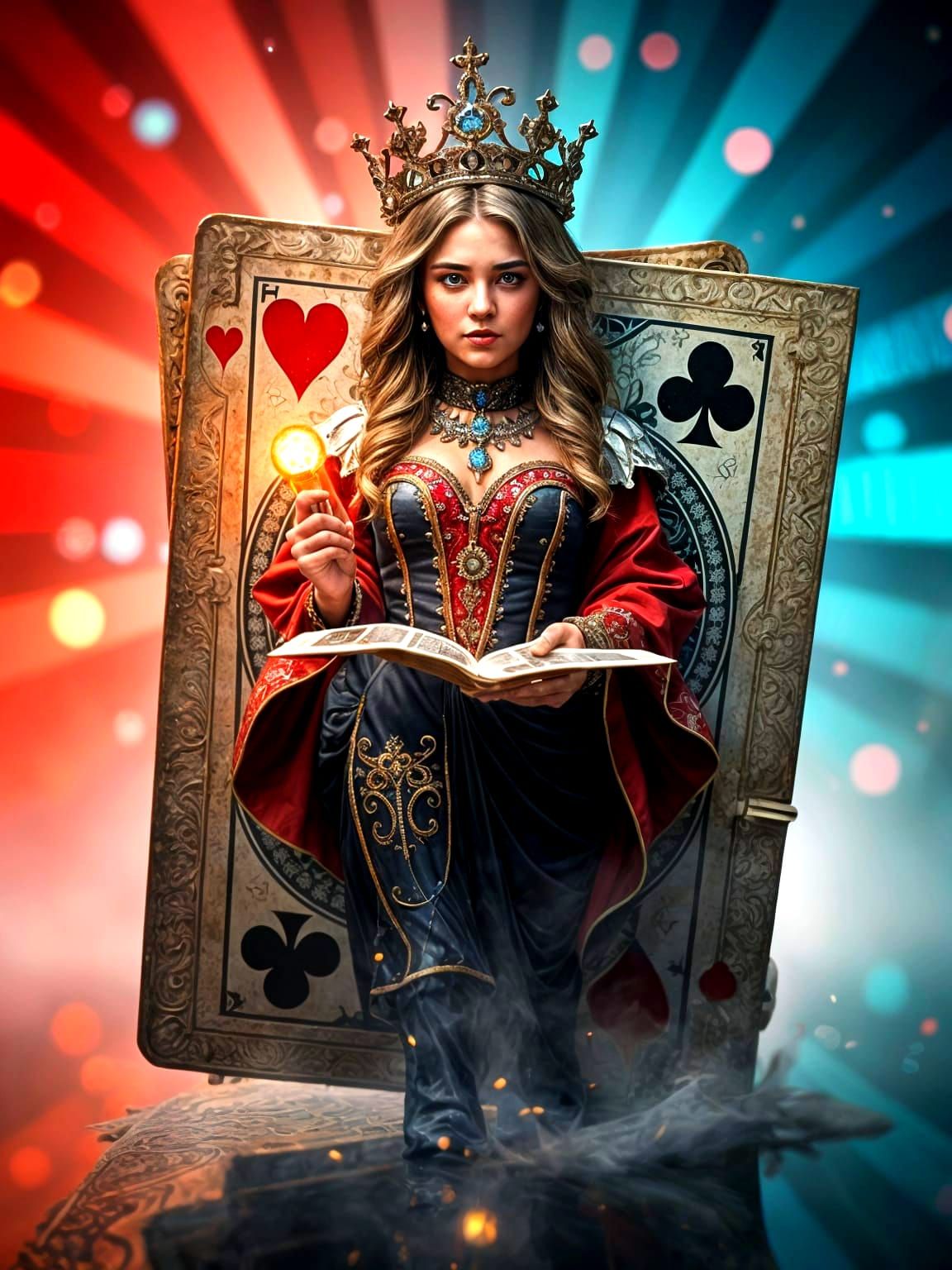 Queen of Clubs Emerges from Playing Card with Dynamic Lighti...
