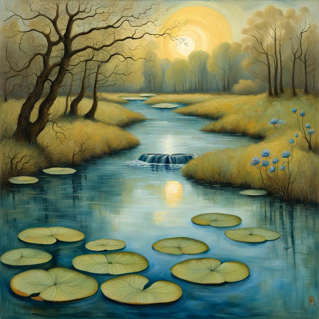 Whimsical Blue Stream and Lotus Pond at Sunrise