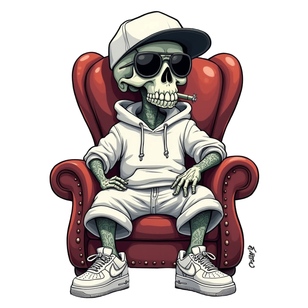 Chill Cartoon Skull Boss Relaxing on Throne Chair
