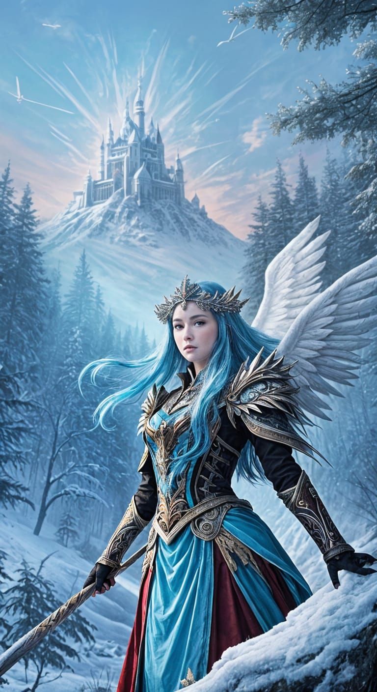 Ethereal Ice Princess Soars Above Frozen Forest