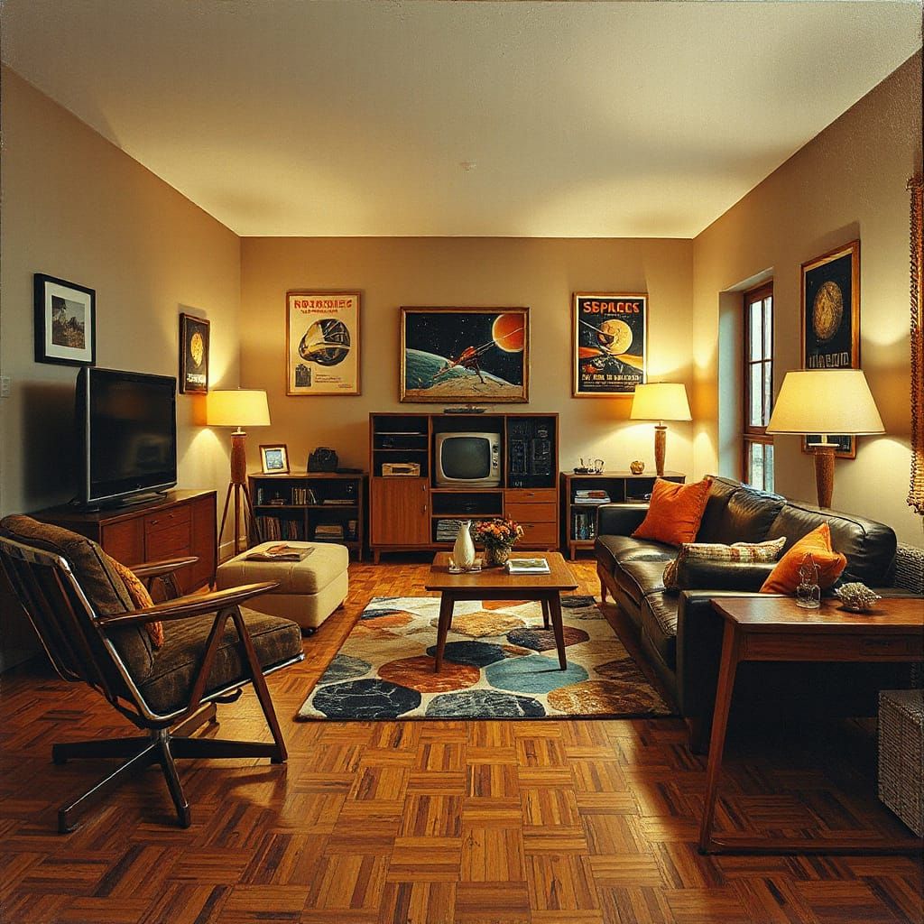 Mid-Century Living Room in Expressive Oil Painting Style