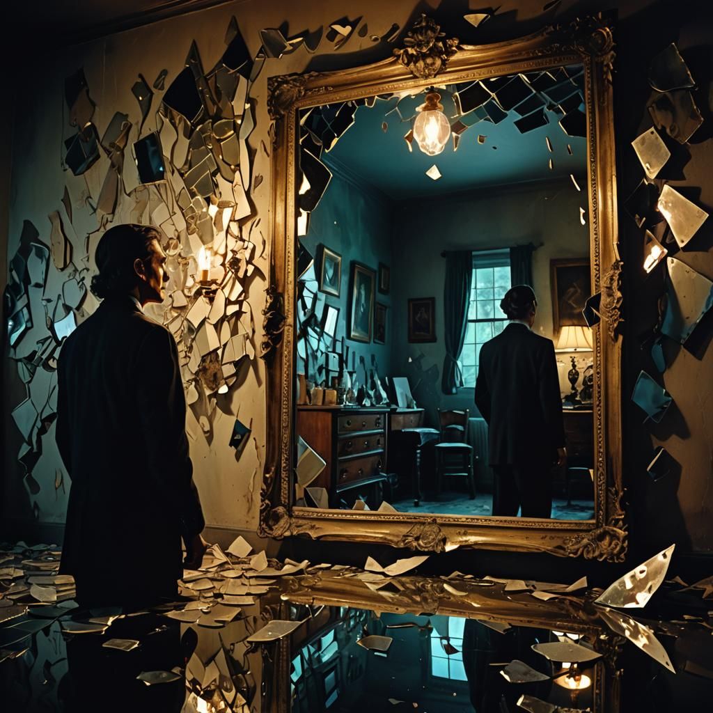 Distorted Mirror Reflection in Surrealist Oil Painting