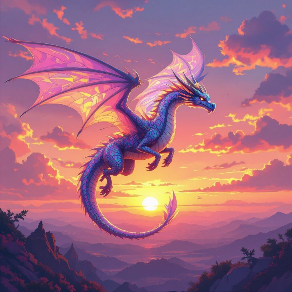 Crystal Dragon Soaring Through Sunset, Fantasy Art