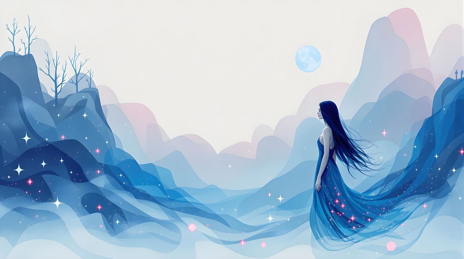 Ethereal Woman in a Dreamlike Blue Landscape