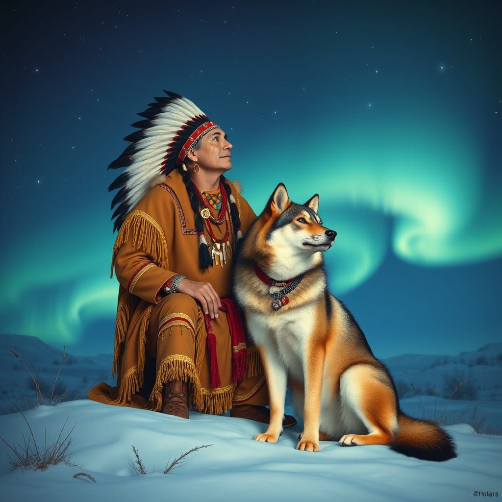 Ancient Warrior Watches Northern Lights with Faithful Wolf C...