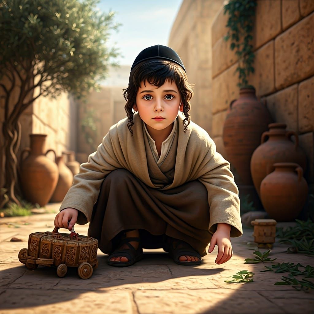 Jewish Boy Playing in Ancient Courtyard, Digital Art