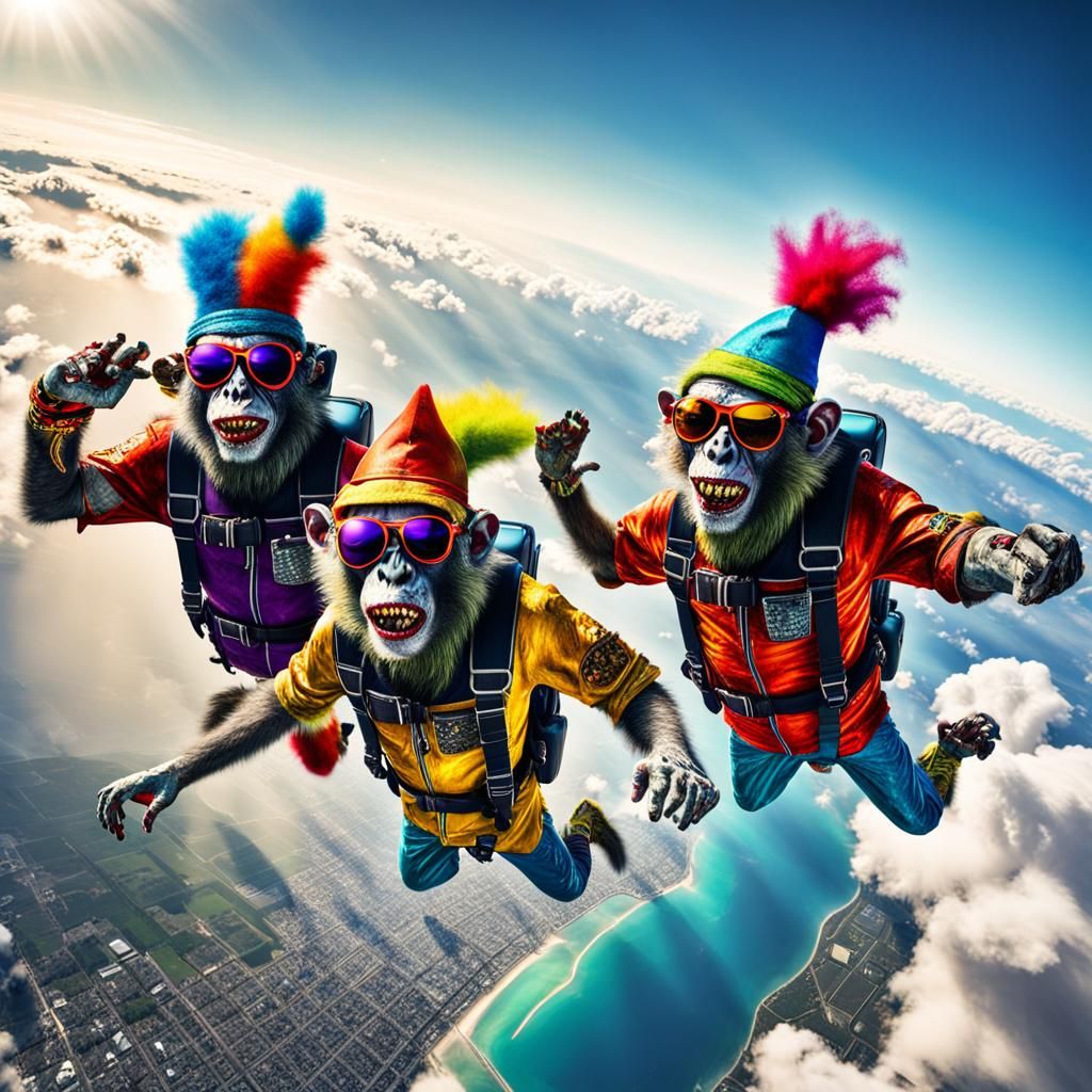 Zombie Monkey Clowns Skydiving with Guitars