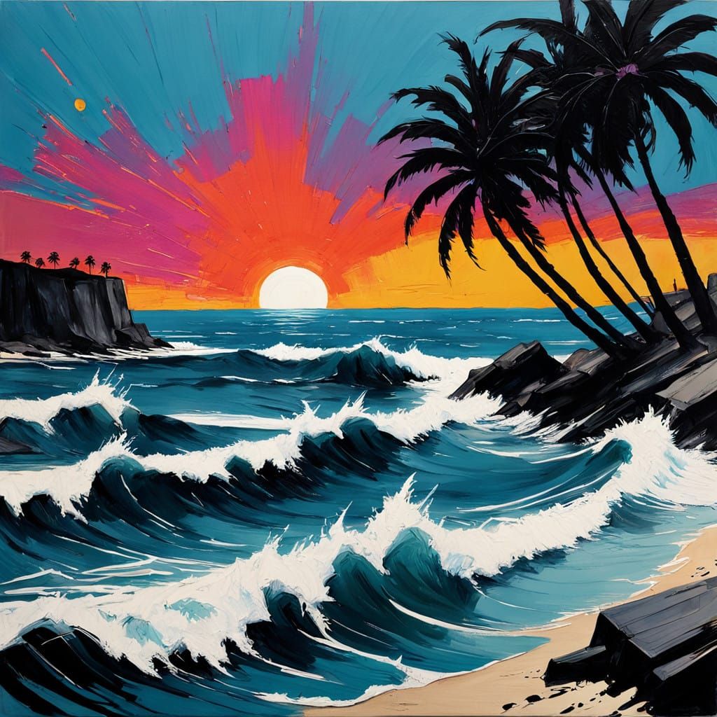 Vibrant Beach Scene in Expressive Scratch Art