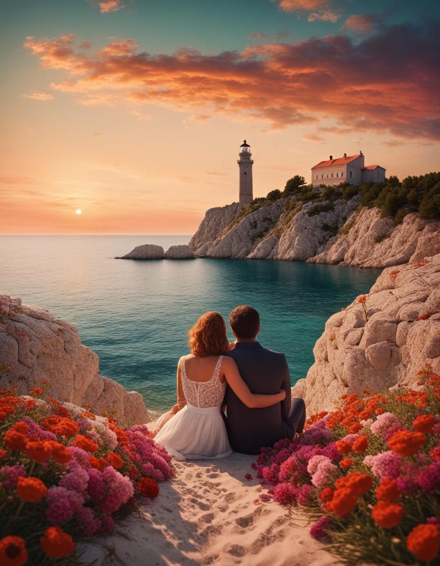 Romantic Beach Sunset: Lovers in a Coastal Paradise