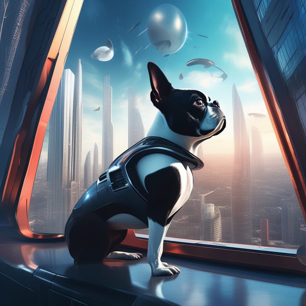Boston Terrier Gazing at Futuristic Cityscape