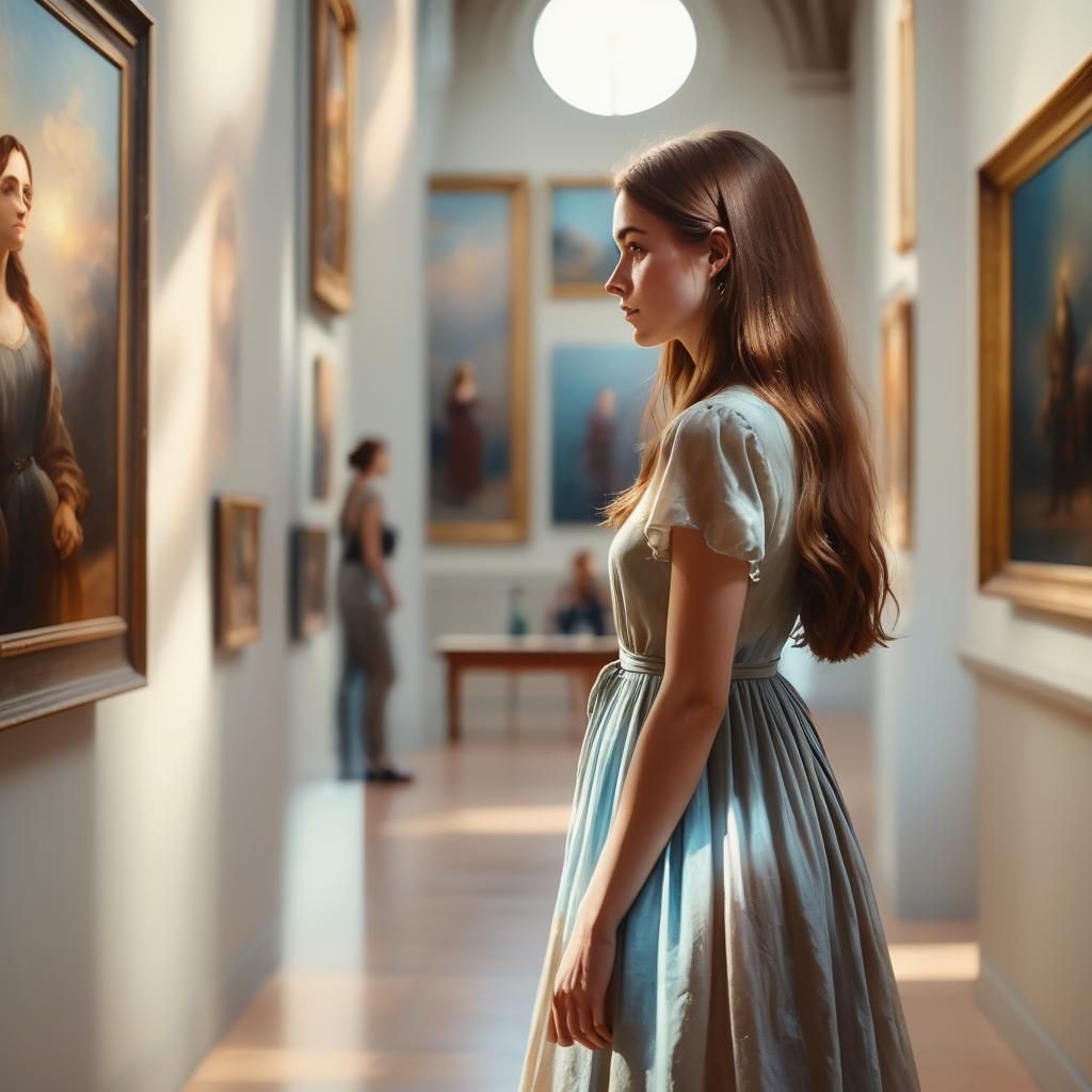 Girl Admiring Portraits in Sunlit Museum Gallery