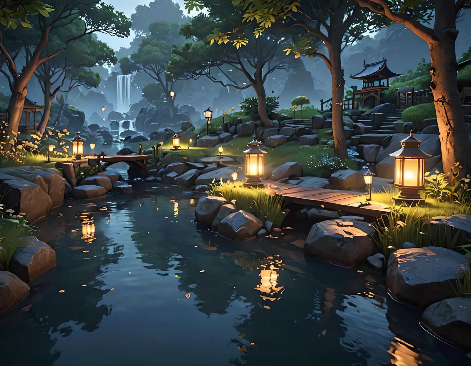 Surreal Anime Landscapes with Glowing Lanterns in Serene Env...