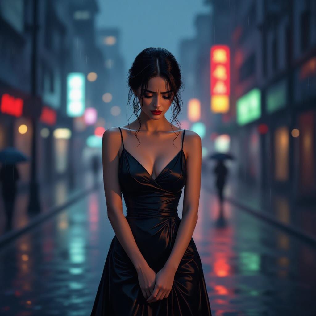 Distraught Woman in Rainy City Street