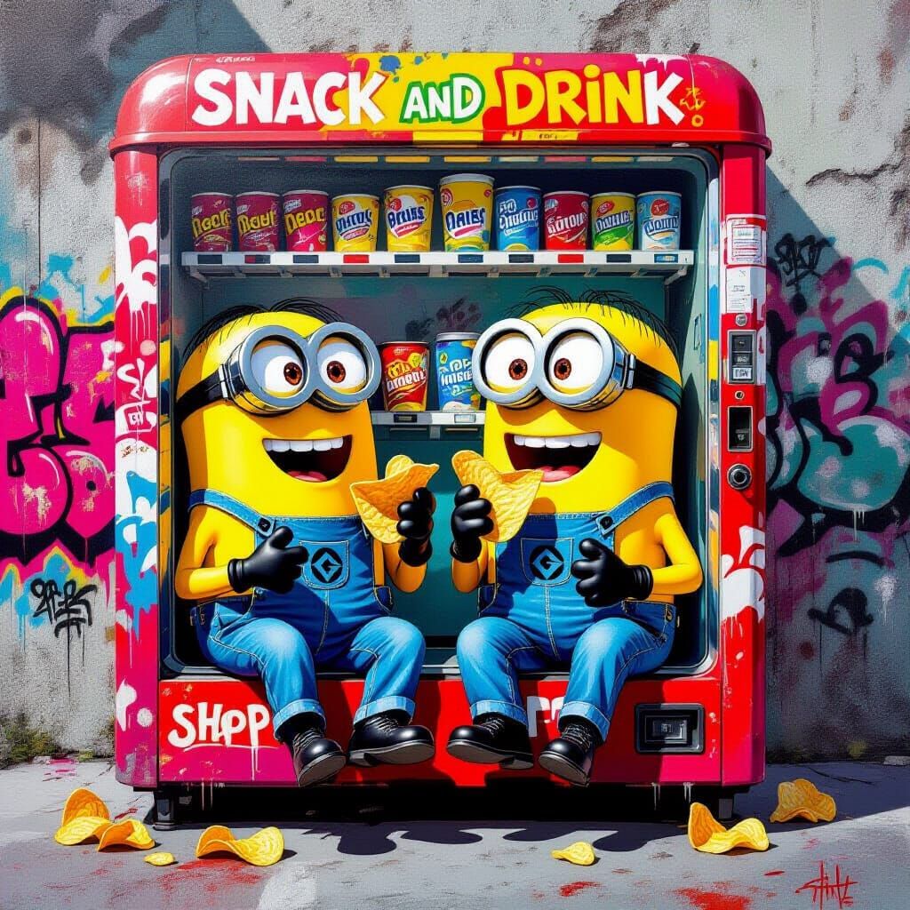 Minions Reveling Inside Snack Machine, Splash Art