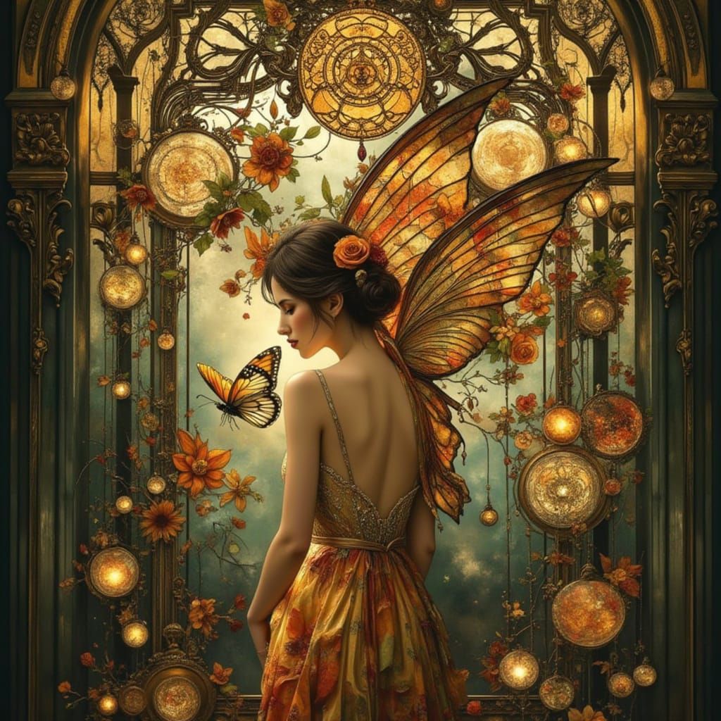 Elegant Fairy with Stained Glass Wings in Art Nouveau Frame