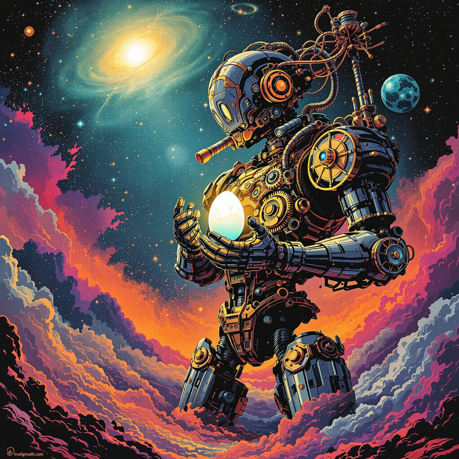 Steampunk Robot Holds Cosmic Egg in Pop Art Style