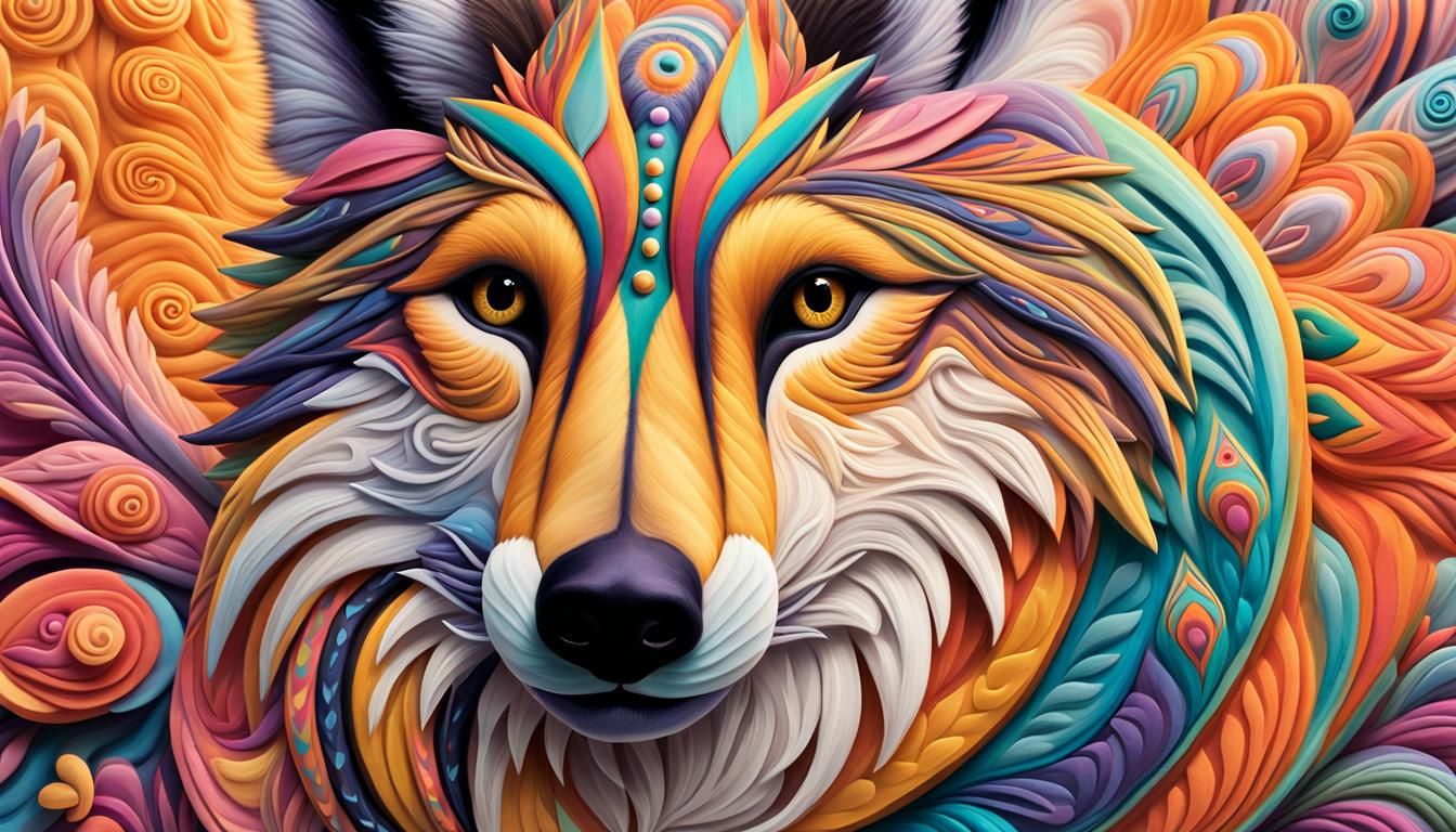 Mexican Wolf in Alebrije Style Close-Up
