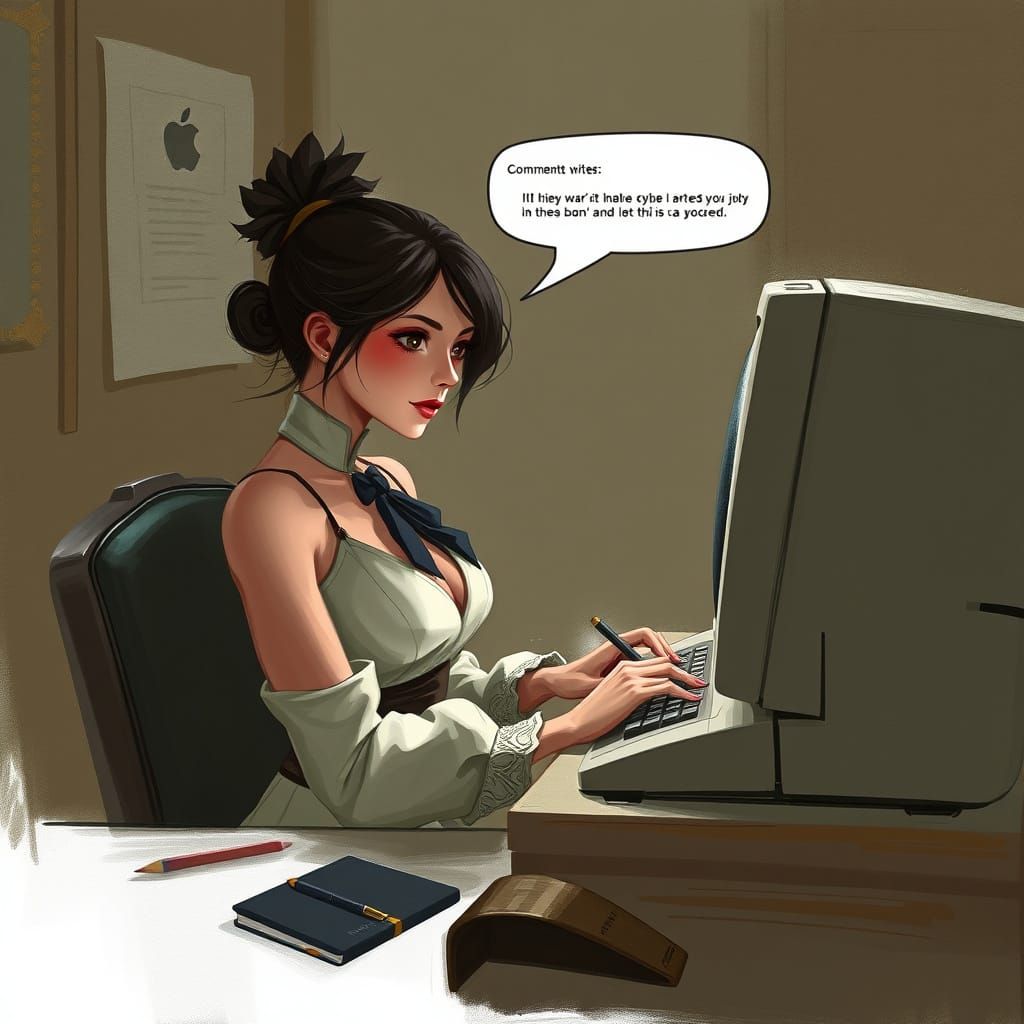 Elegant Woman Composing Comments on Old Computer