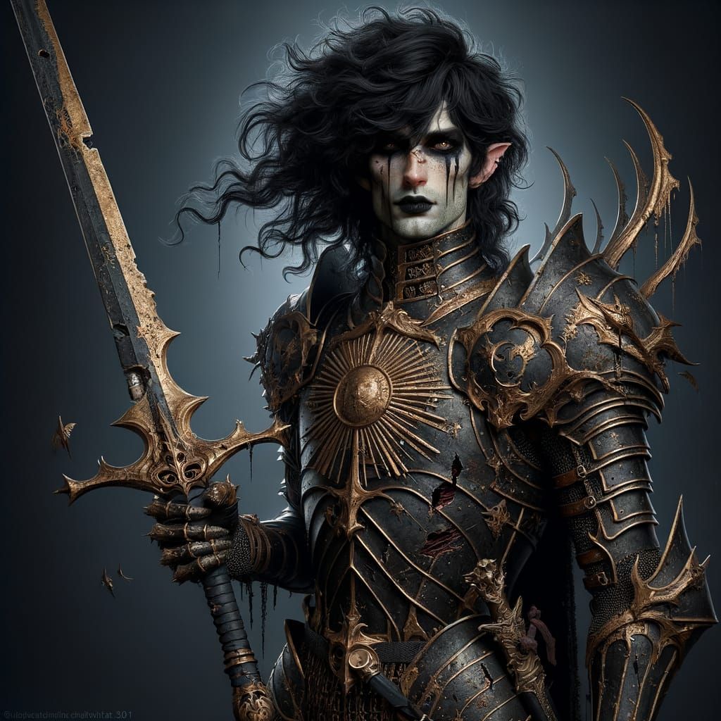 Androgynous Elf Warrior in Tarnished Paladin Armor