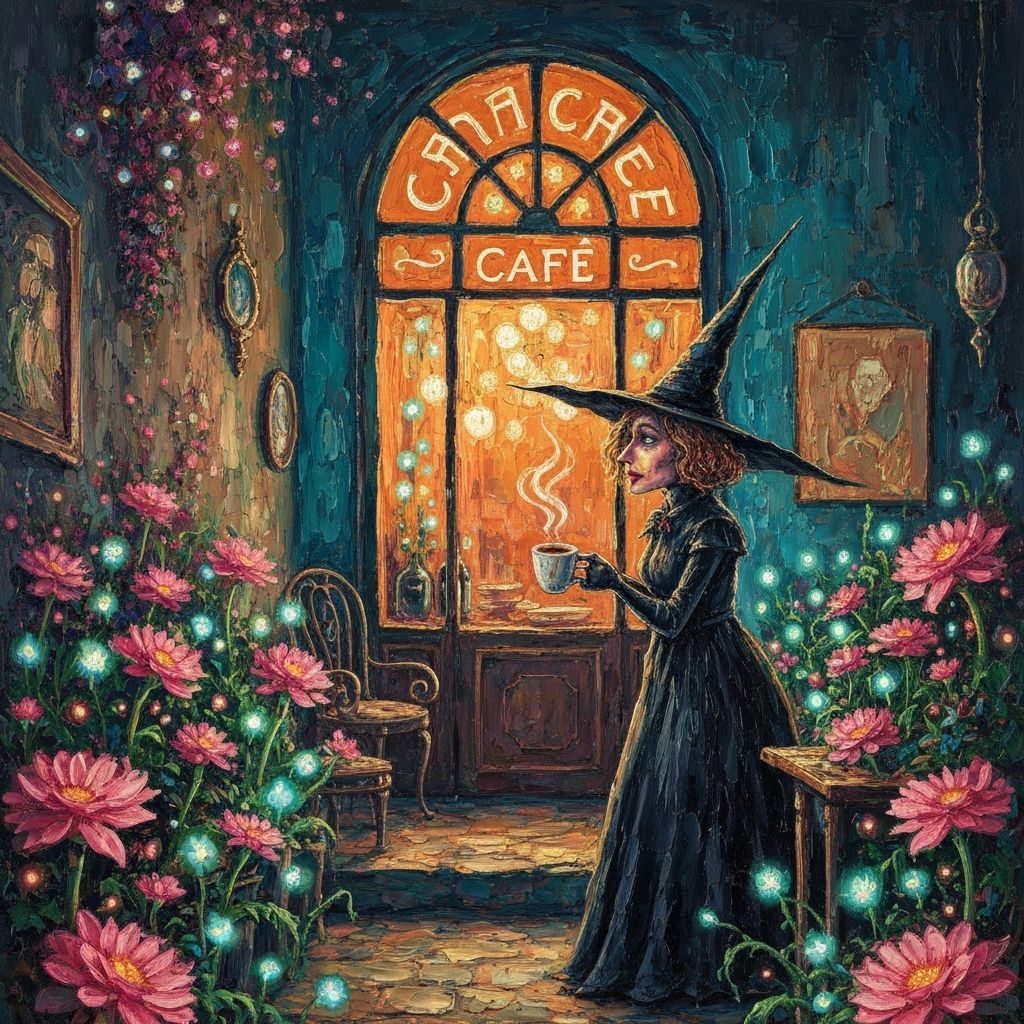 Magical French Cafe Scene with Witch and Glowing Flowers