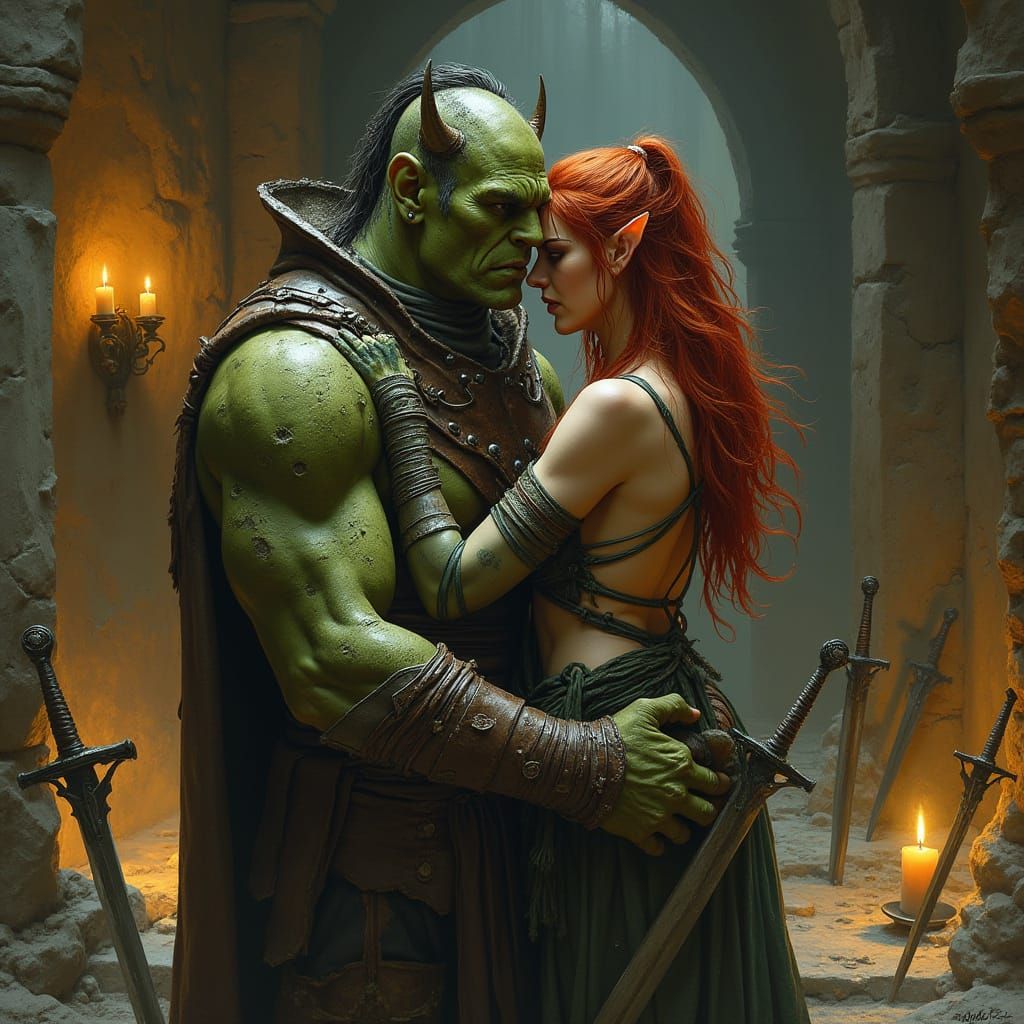 Orc Warrior and Elf Sorceress Embrace in Ruined Temple