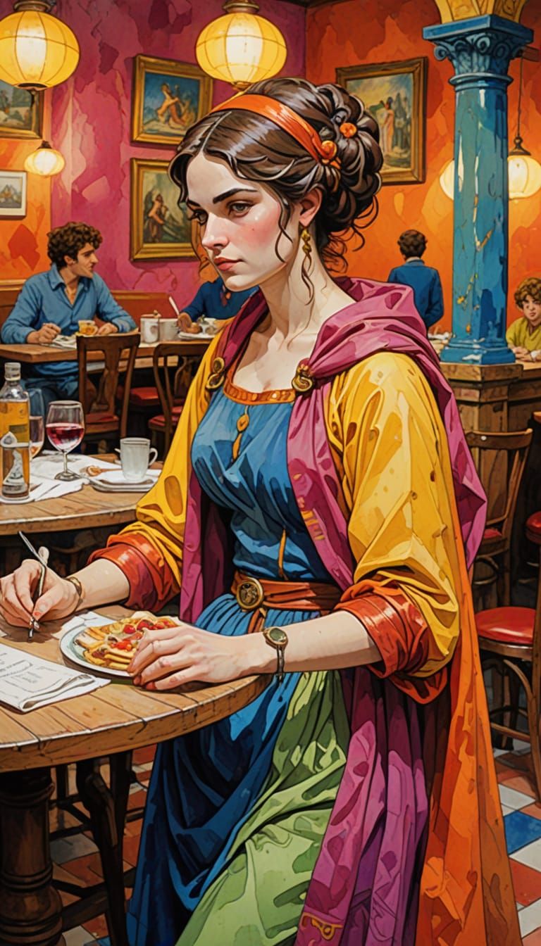 Greco-Roman Costumed Women in Pompeii Fresco Style