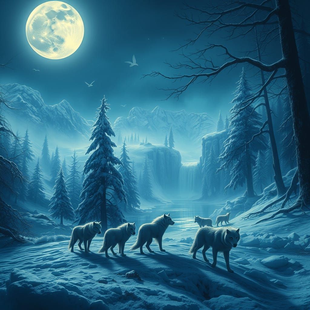 Ethereal Wolves in a Frozen, Prehistoric Landscape