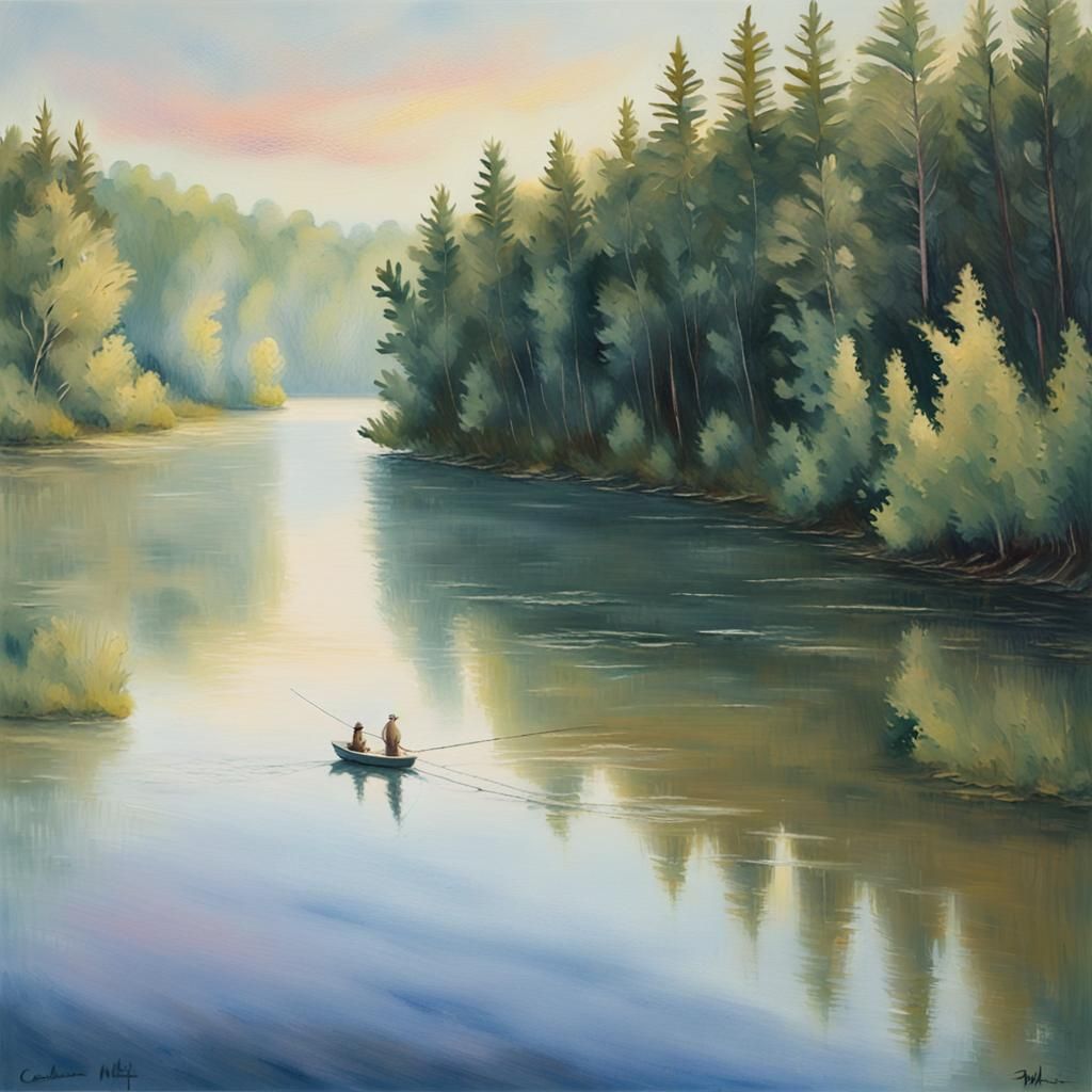 Angler Fly Fishing at Dawn: Impressionist River Scene