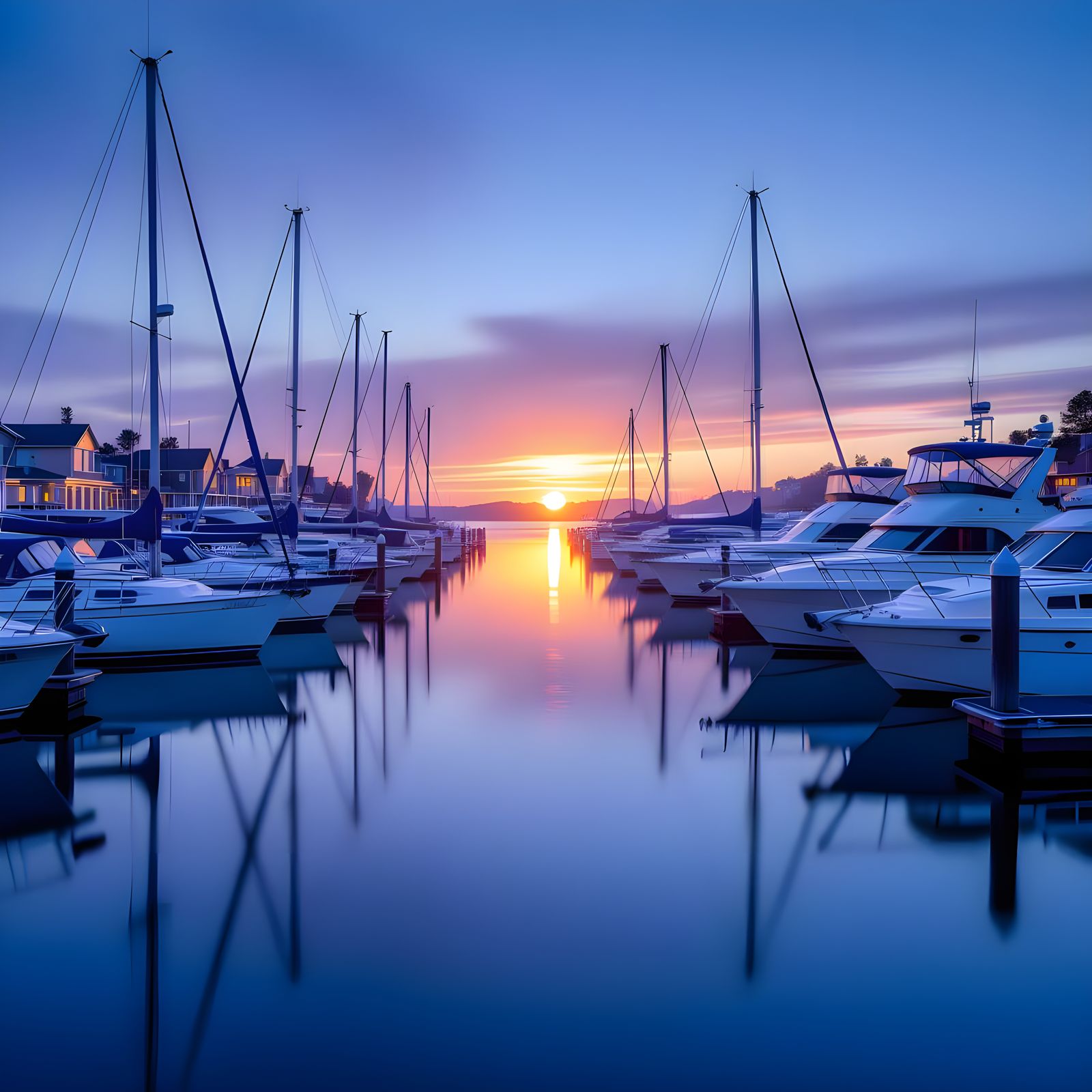 Tranquil Boat Harbor at Dusk with Misty Reflections