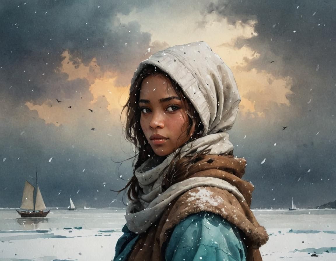 African Snow White Winter Landscape in Watercolor