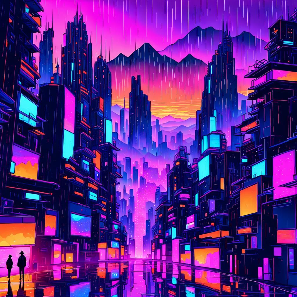Cyberpunk Cityscape at Sunset in Neon Fauvism