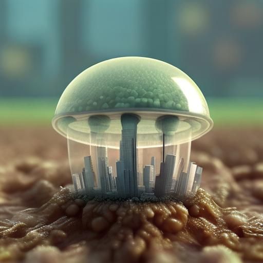 Microscopic City Inside Transparent Mushroom