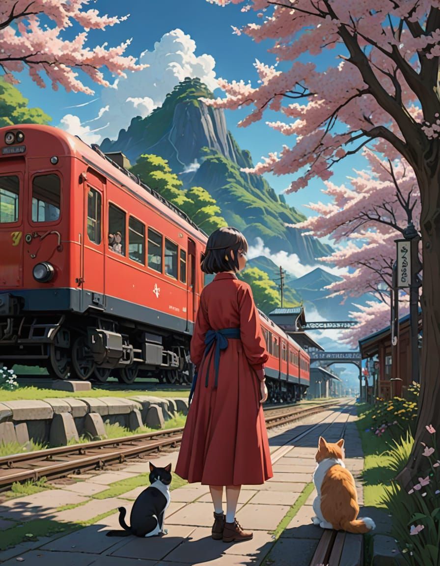 Anime Scene: Woman Awaits Train in Miyazaki Style