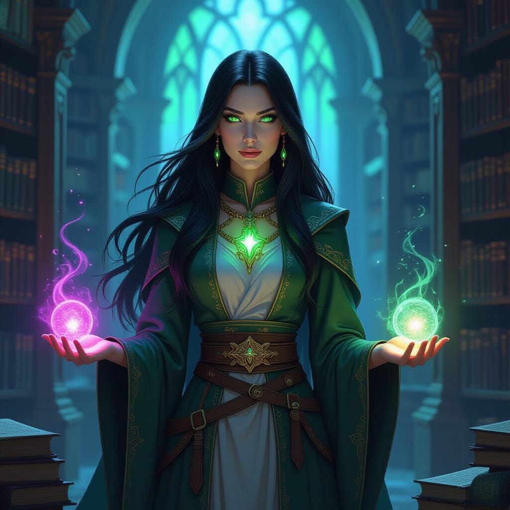 Eladrin Sage Cleric in Ancient Library, Fantasy Illustration