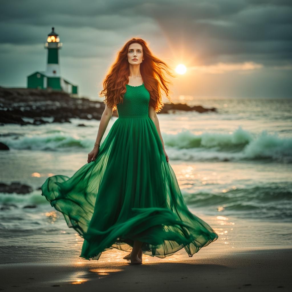 Woman with Red Hair on Seashore at Night