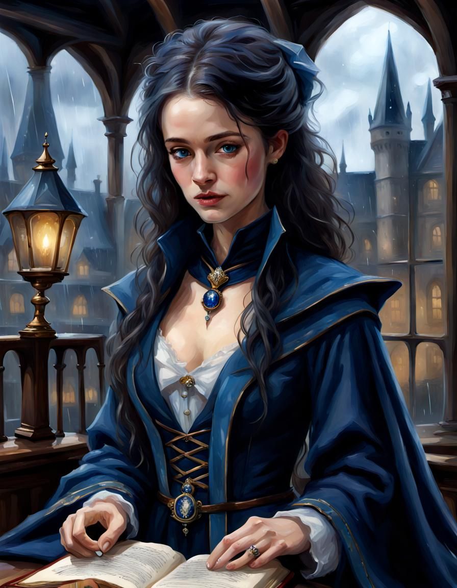 Rowena Ravenclaw Reading on Rainy Hogwarts Roof