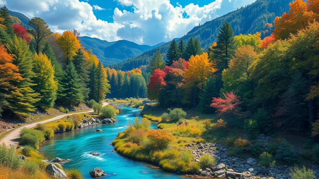 Serene Valley with Majestic Trees and Crystal Clear Creek