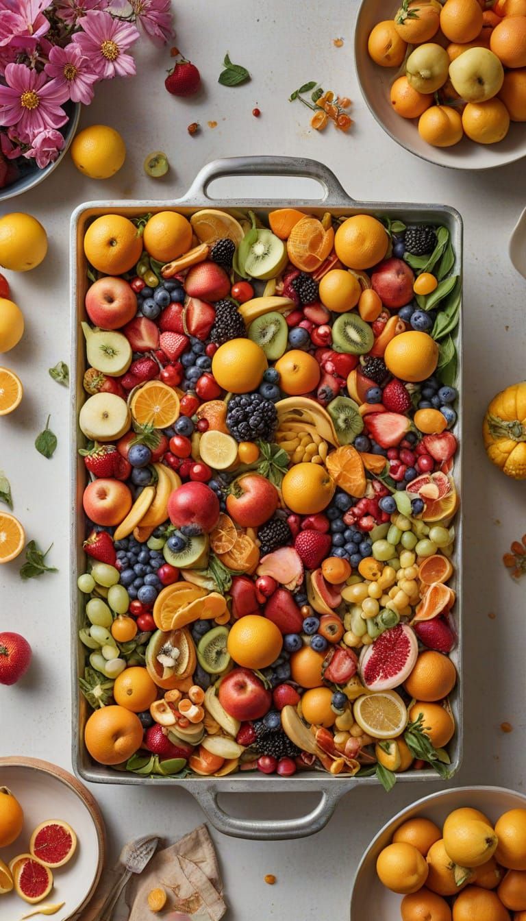 Vibrant Fruits and Flowers on Kitchen Island
