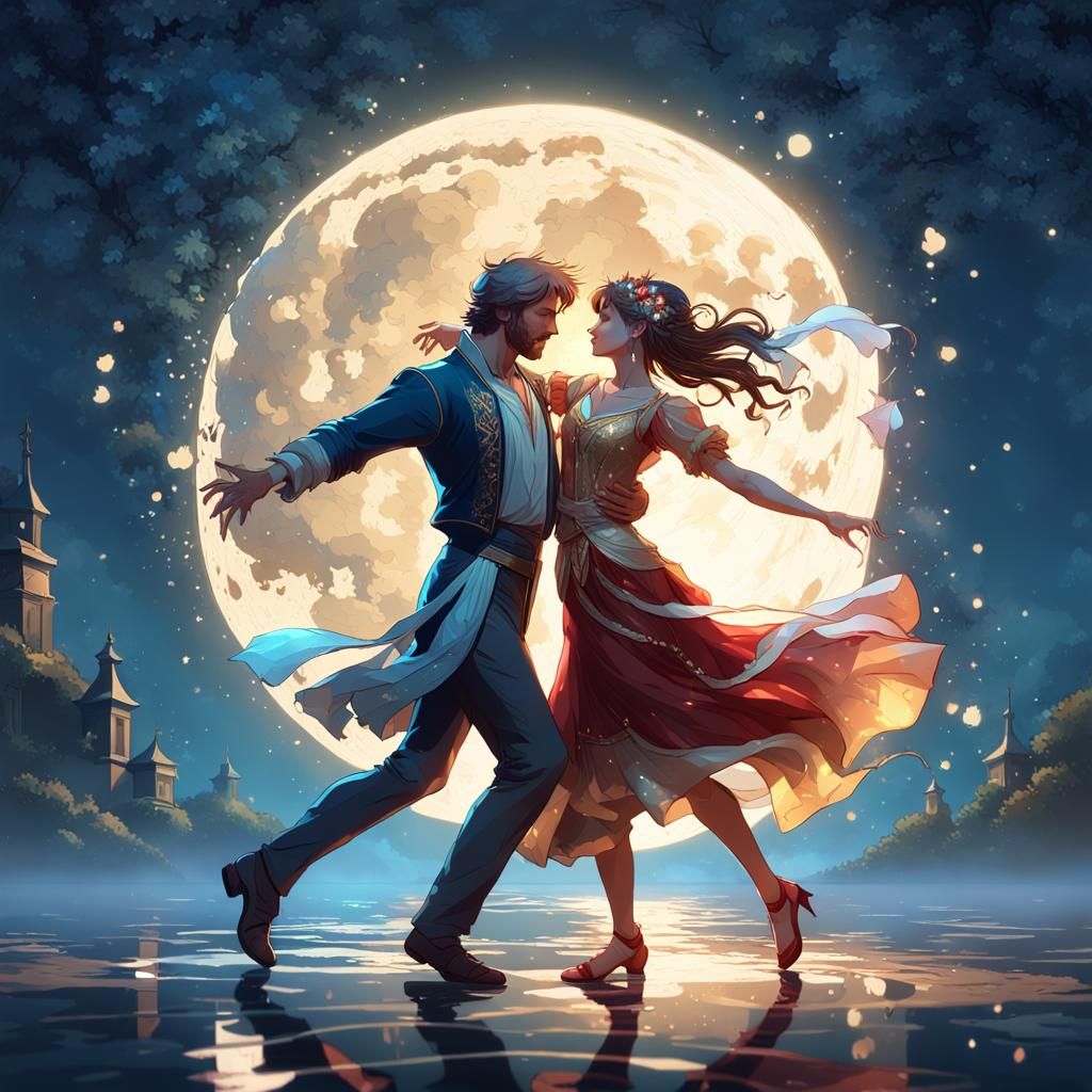 Lovers Dancing in Sparkling Moonlight, Digital Art