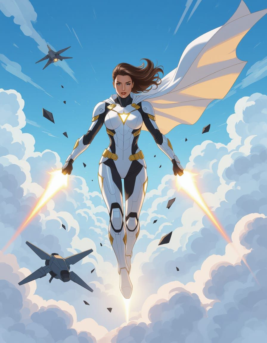 Sunkissed Woman Descends in Aerial Battle Armor