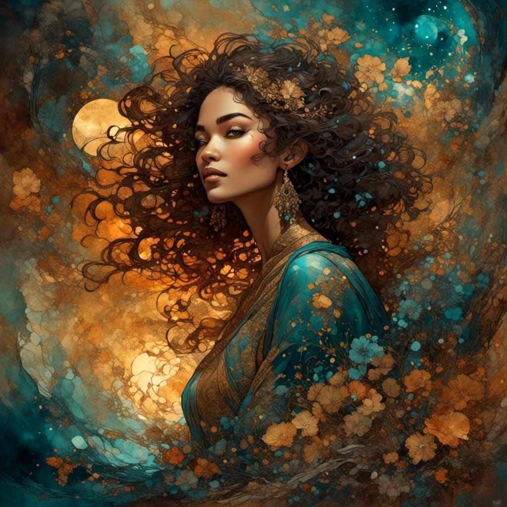 Dreamy Girl Under Stars in Detailed Fantasy Art