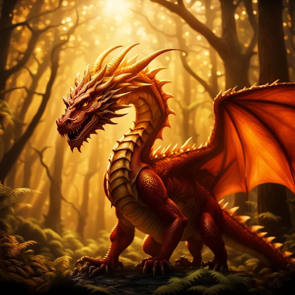 Glowing Orange Dragon in Mystical Forest