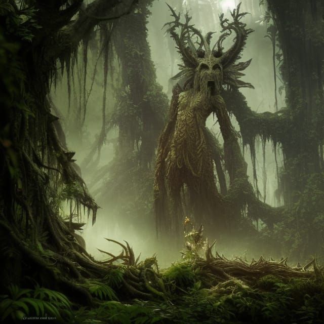 Hyperdetailed Jungle Demon in Overgrown Ruins