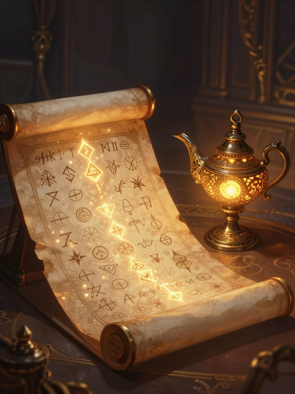 Ancient Scroll and Ornate Lamp in Opulent Chamber