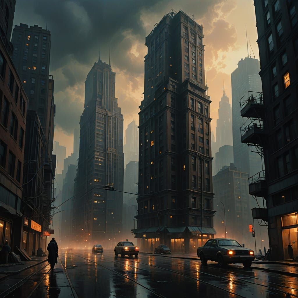 Eerie Dystopian Cityscape in Golden Hour Lighting