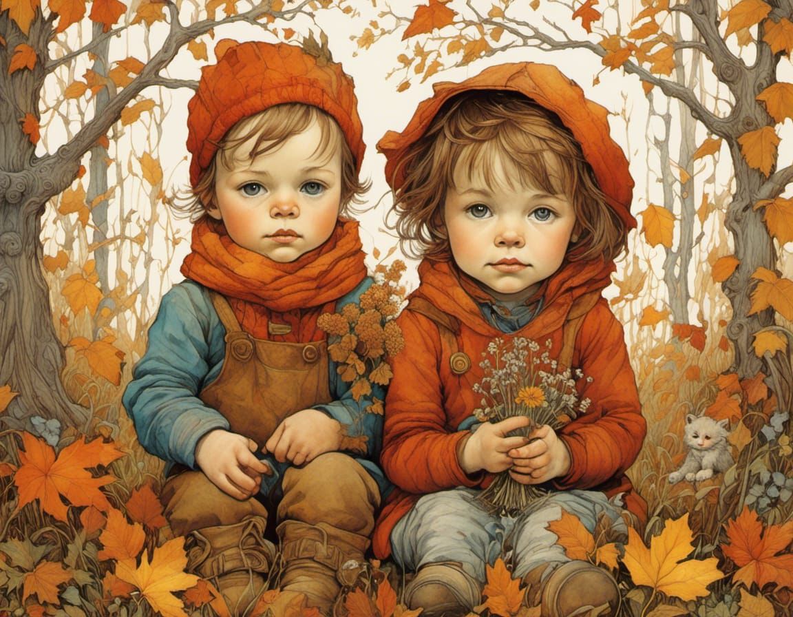Toddler Siblings with Autumn Wildflowers Storybook Illustrat...
