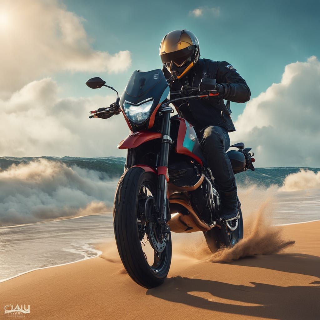 Rugged Biker in Futuristic Beach Scene